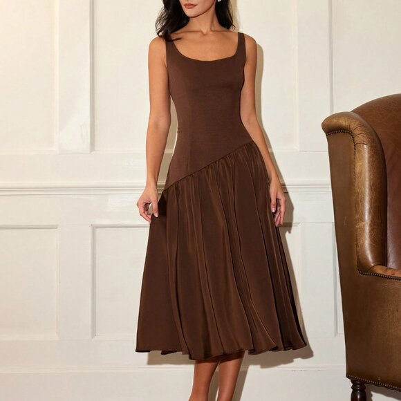 Coffee Patchwork Women's Elegant Sleeveless Graduation Dress - Picture 3 of 5